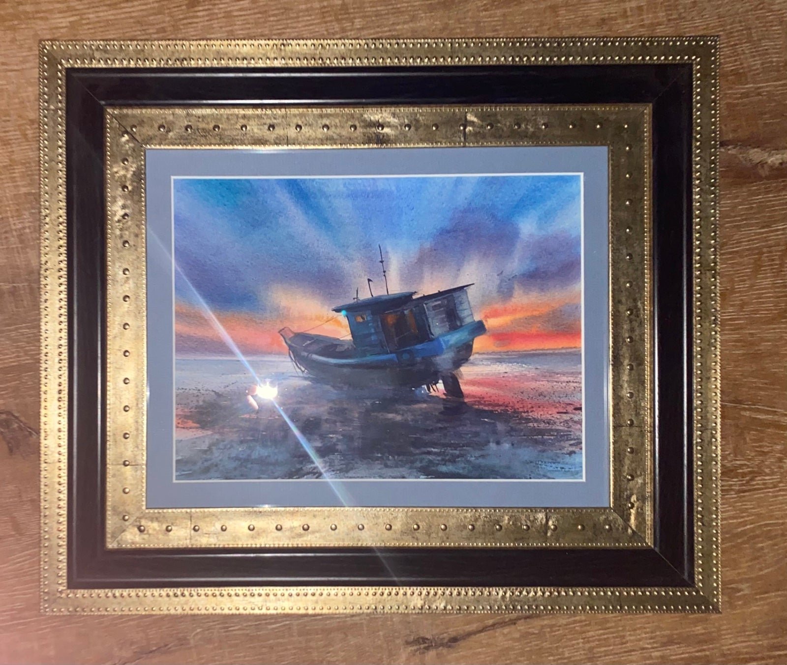 Original Signed Framed Beached Ocean Trawler at Sunset Watercolor