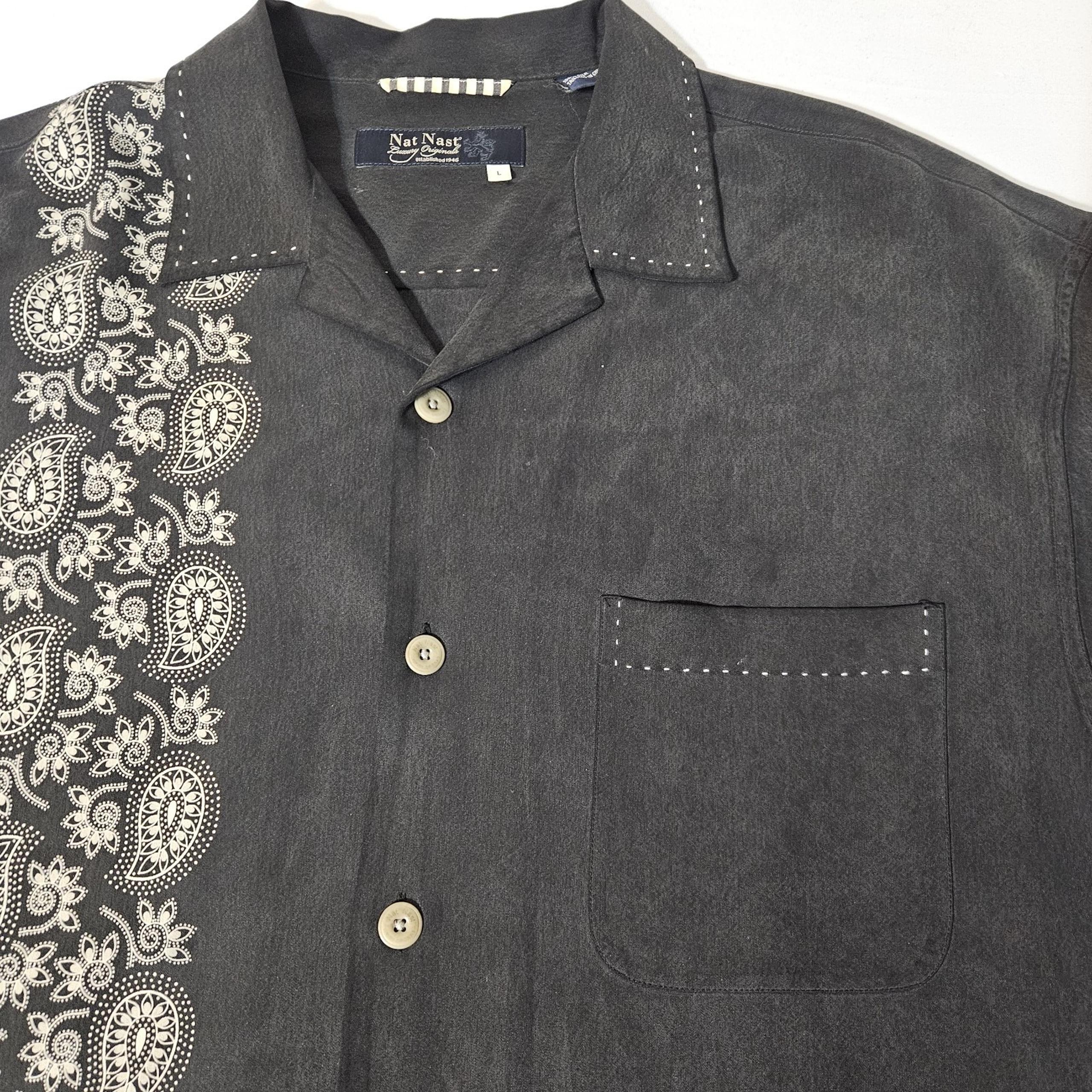 Nat Nast SILK Shirt Mens  L Button Up Black Sheep Stripe Hawaiian Camp