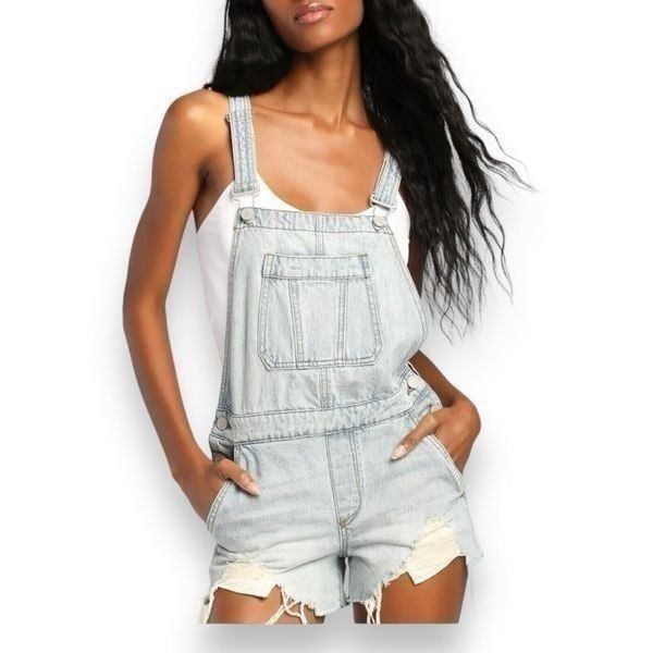 Blank NYC Women's L Blue Light Wash Shortalls Denim Overalls Raw Distress Hem