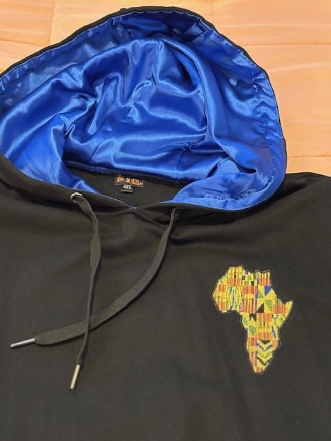 Kin Apparel Motherland Hoodie with Nipsey Blue Satin Lined Hood