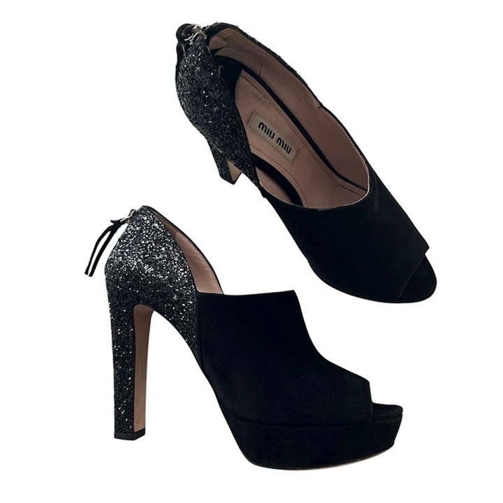 Miu Miu Black Glitter Suede Bootie Zipper Heels