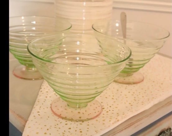 Tiffin Watermelon Glass Ribbed Uranium Three Bowls in Set 6” Wide Rim-Glows BL