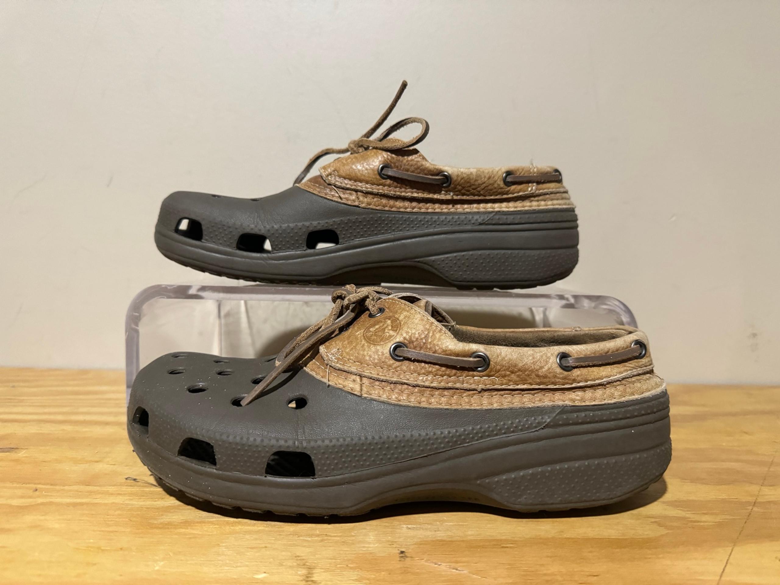 Crocs Islander Pit Crew Brown Leather Lace Up Moccasins Boat Shoes Men’s Sz 11