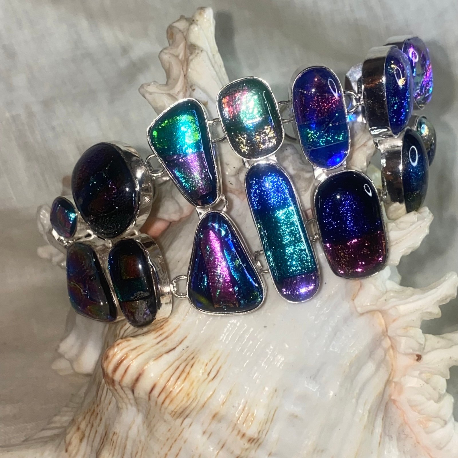 Magestic Dichroic gemstone cluster statement bracelet cuff