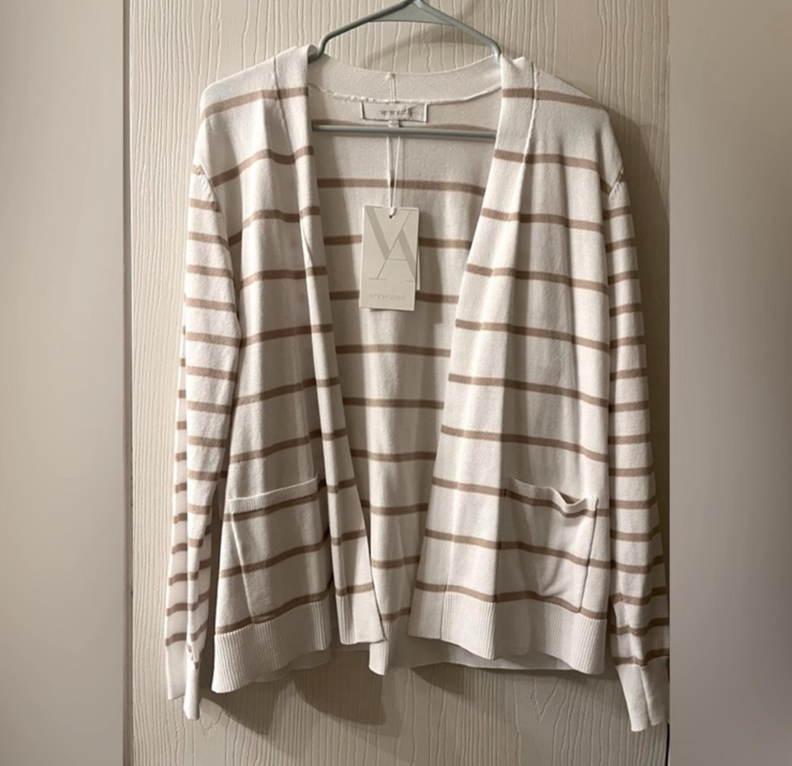 NWT Verme Ami Large Women's Tan/White Striped Cardigan Sweater