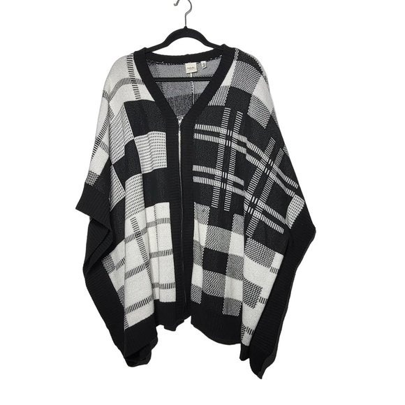 Rafaella Weekend Women's Black and White Plaid Full Zip Cape Poncho Sweater XL
