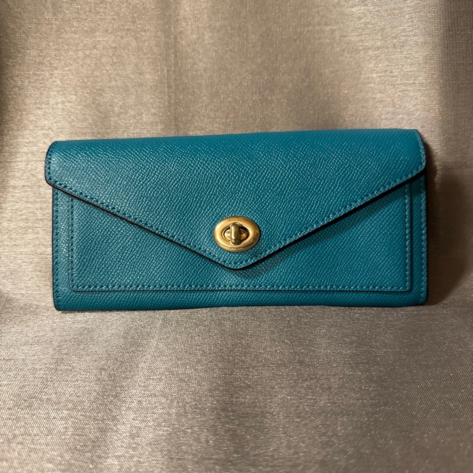 Coach C2326 Cross Grain Leather Wyn Soft Wallet Deep Turquoise Slim 175 NWT