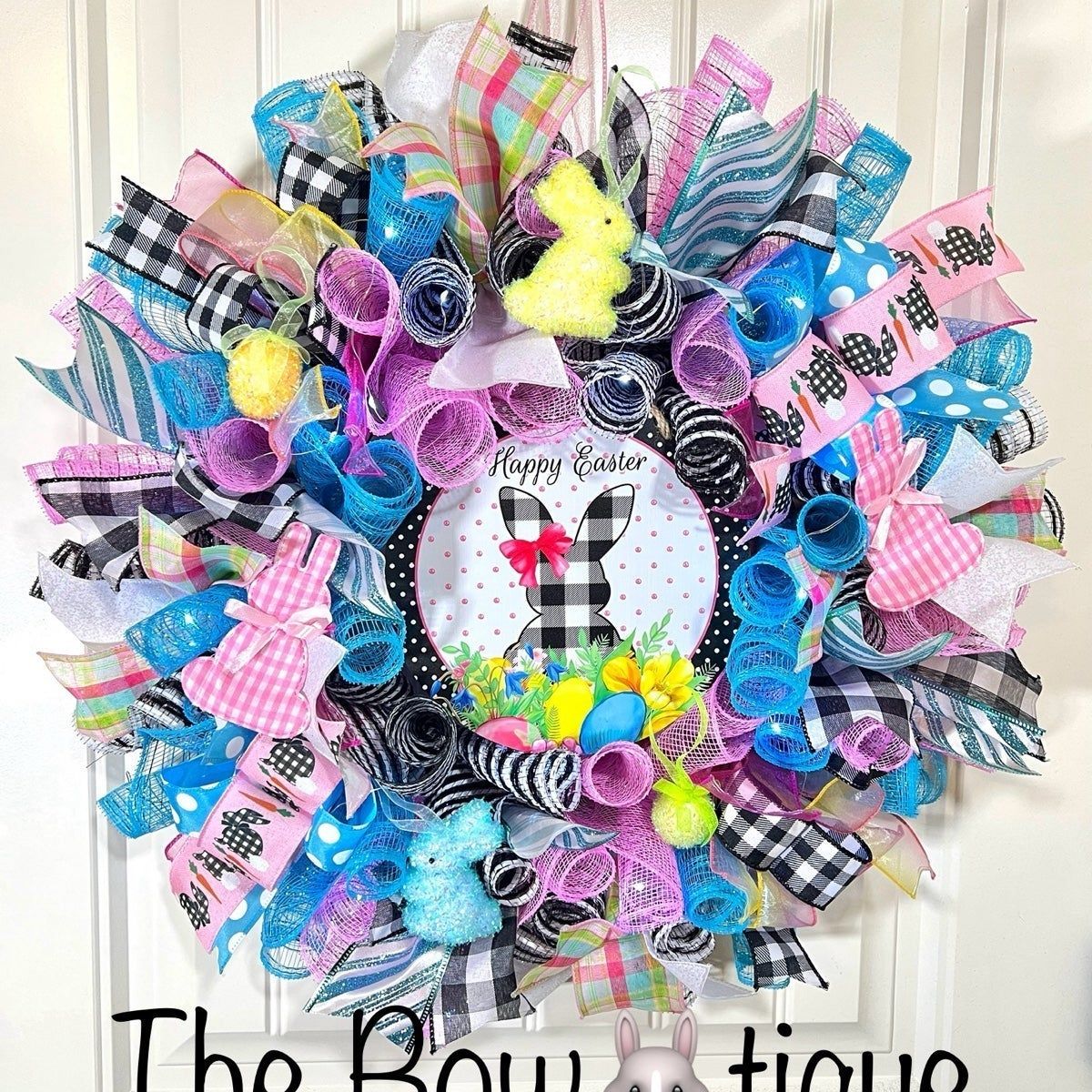 Handmade Spring Happy Easter Bunny Prelit Ribbon Wreath 22 in LED W17