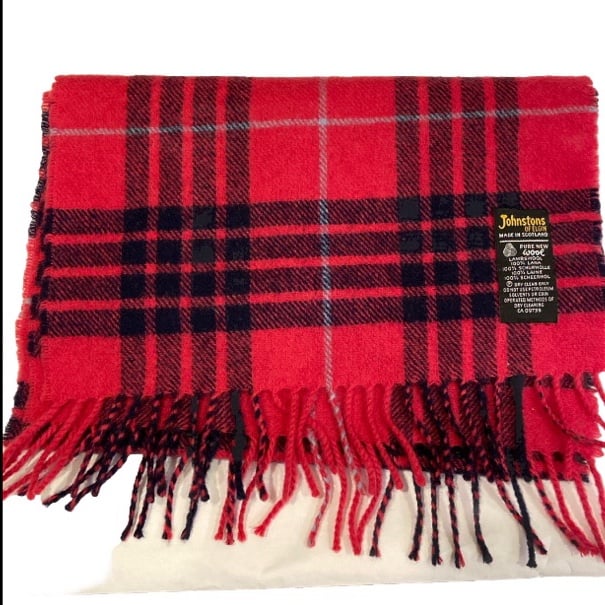 Johnstons of Elgin Lambswool Pink Black Plaid Scarf Made In Scotland