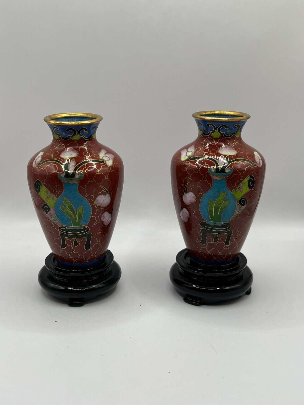 Pair Small Cloisonné Peony Vases with Stands