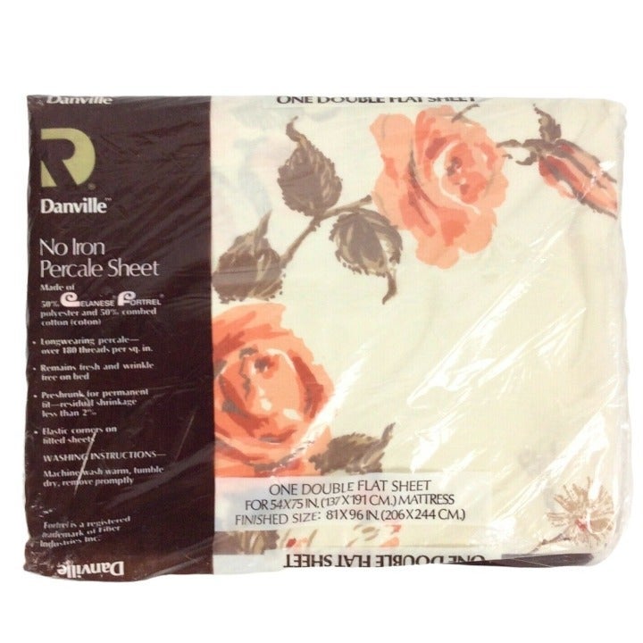 Danville No Iron Percale Double Flat Sheet Floral Pink Roses 180 TC Vtg 80s