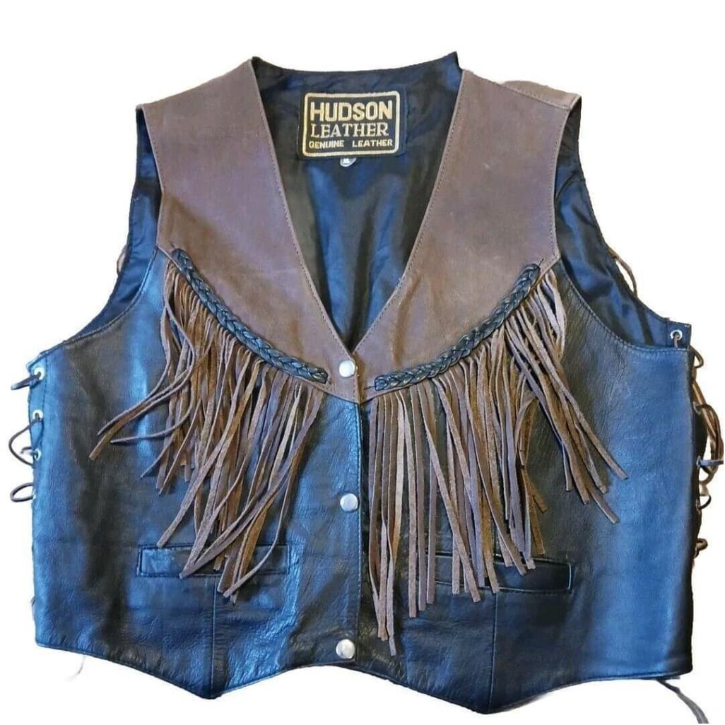 VTG HUDSON LEATHER Ladies XL Two-Tone FRINGE Vest Brown Black Snaps ADJUSTABLE
