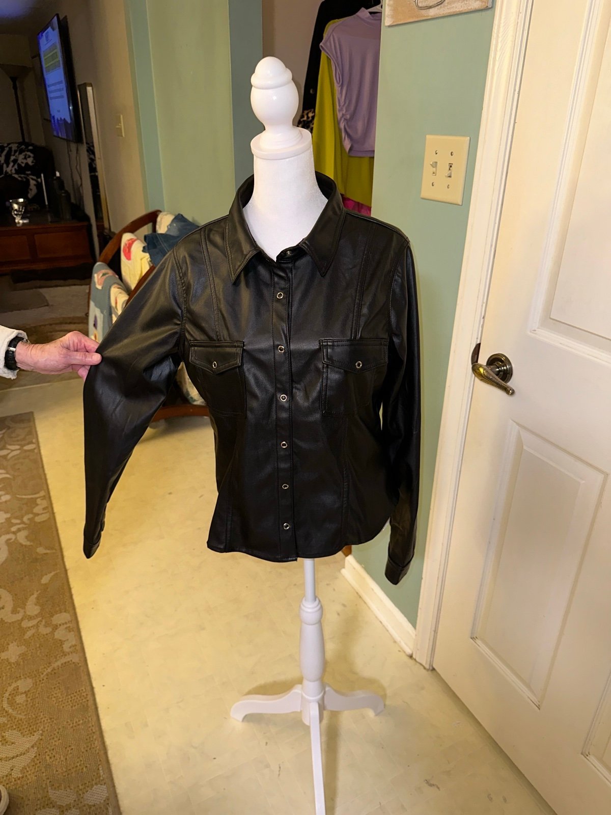 Black Vegan Leather Snap Up Jacket