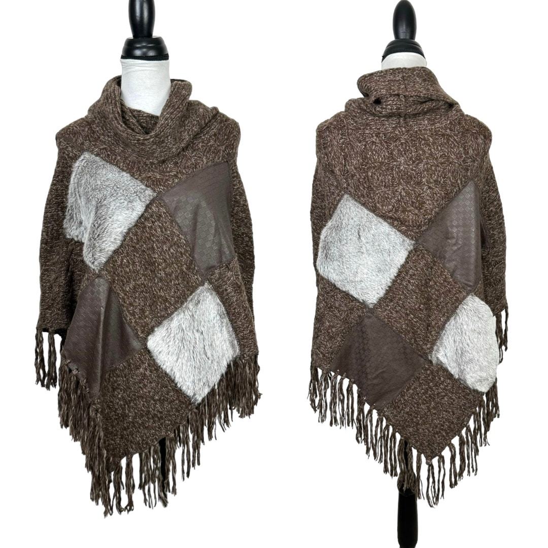 Vertigo NWT S/M Brown Chunky Knit Patchwork Fringe Pullover Poncho Sweater
