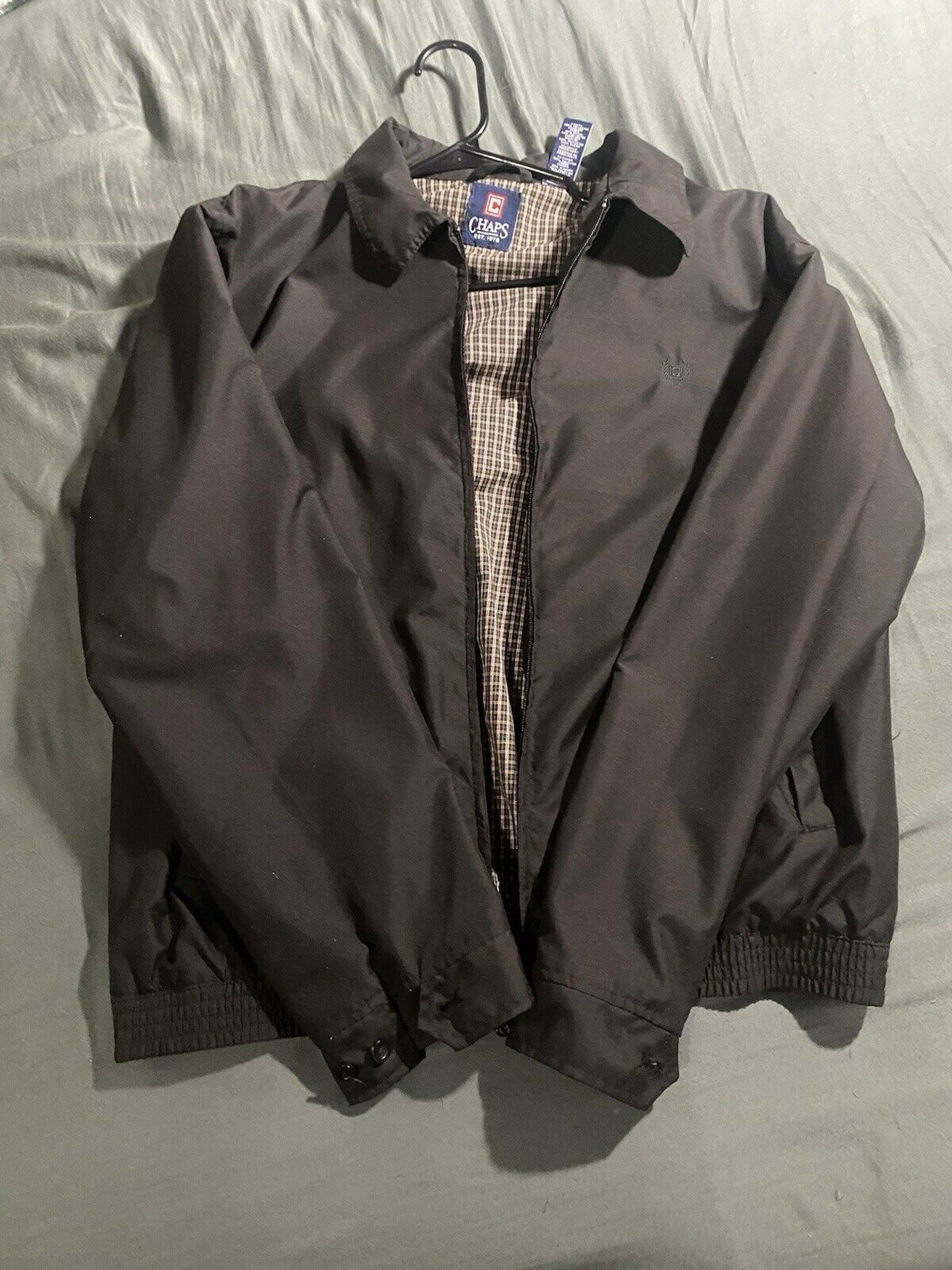 Chaps Men’s Large Full Zip Harrington Jacket Black With Green and Orange Lining