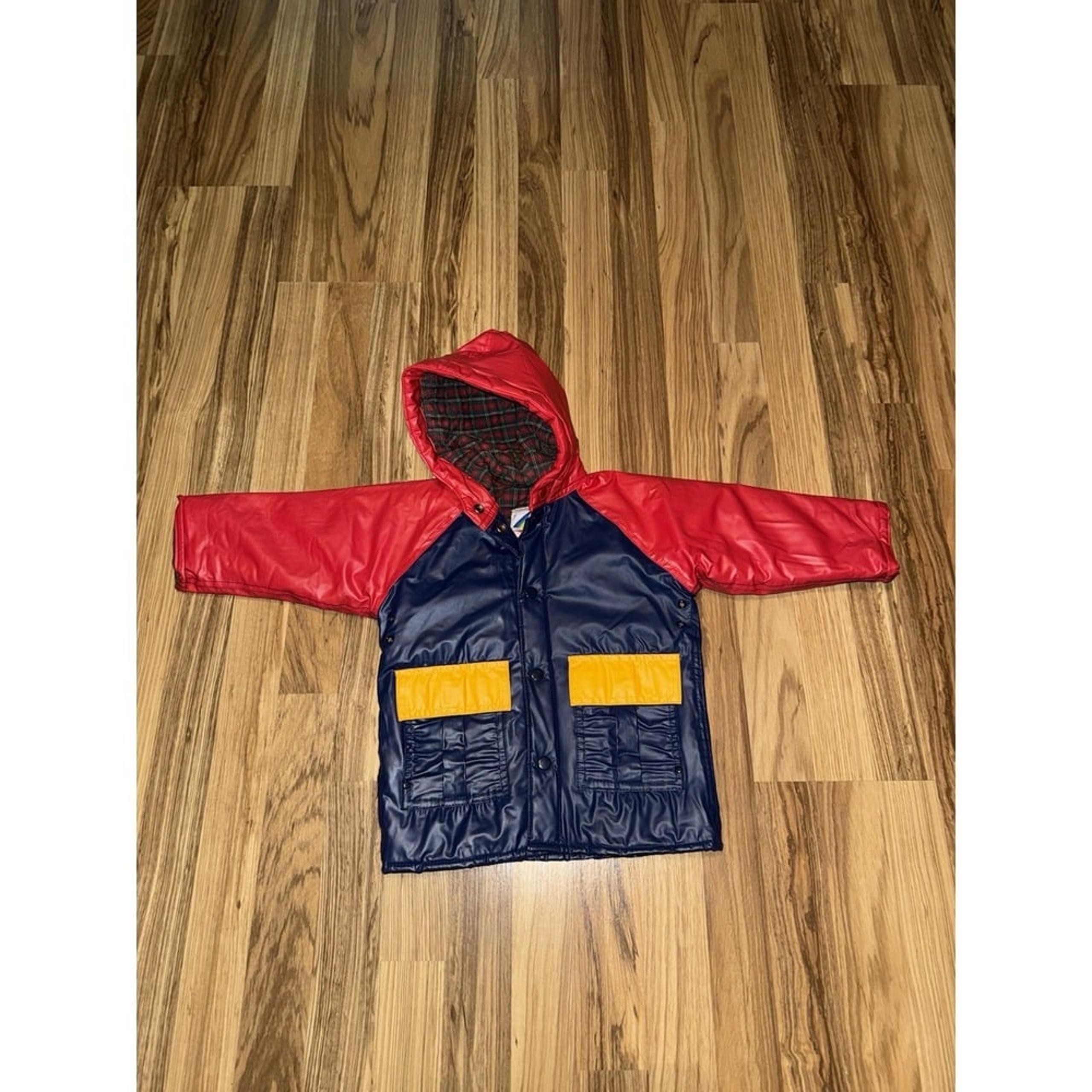 Misty Harbor Vintage Kids Hooded Rain Coat Size 2T Color Block Lined Plaid EUC