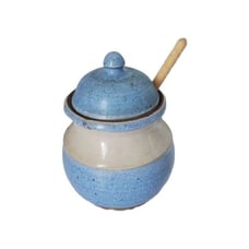 Overland Pottery Honey Pot with Dipper Hand Spun Speckled Blue Glazed Vintage