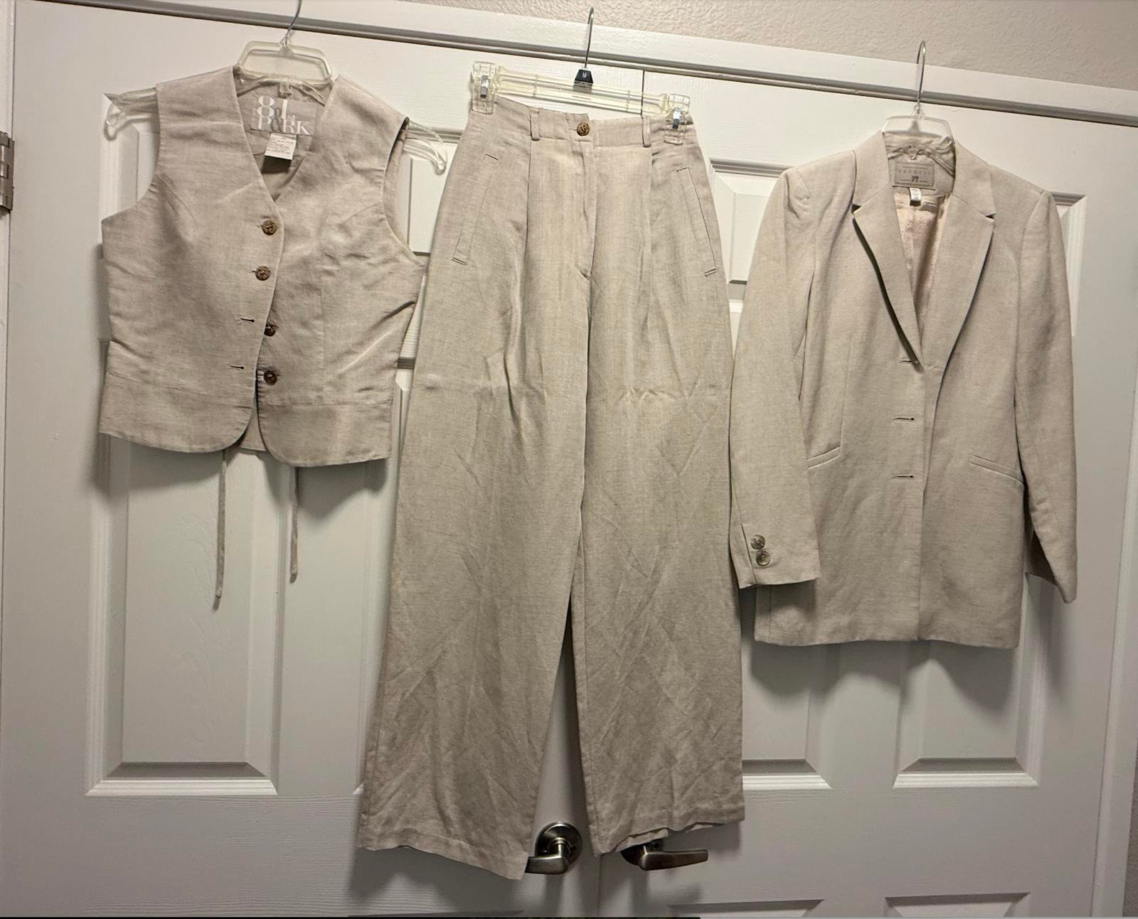 Linen Blend Suit Set Vest, Blazer & Pants