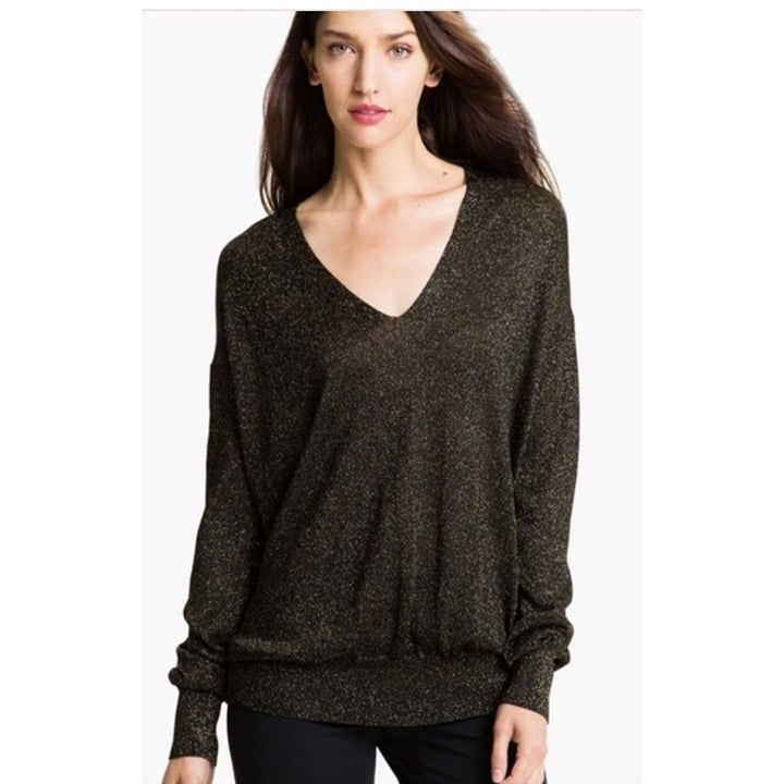 Diane von Furstenberg DVF Black Gold Metallic V-Neck Sweater Oversized Small