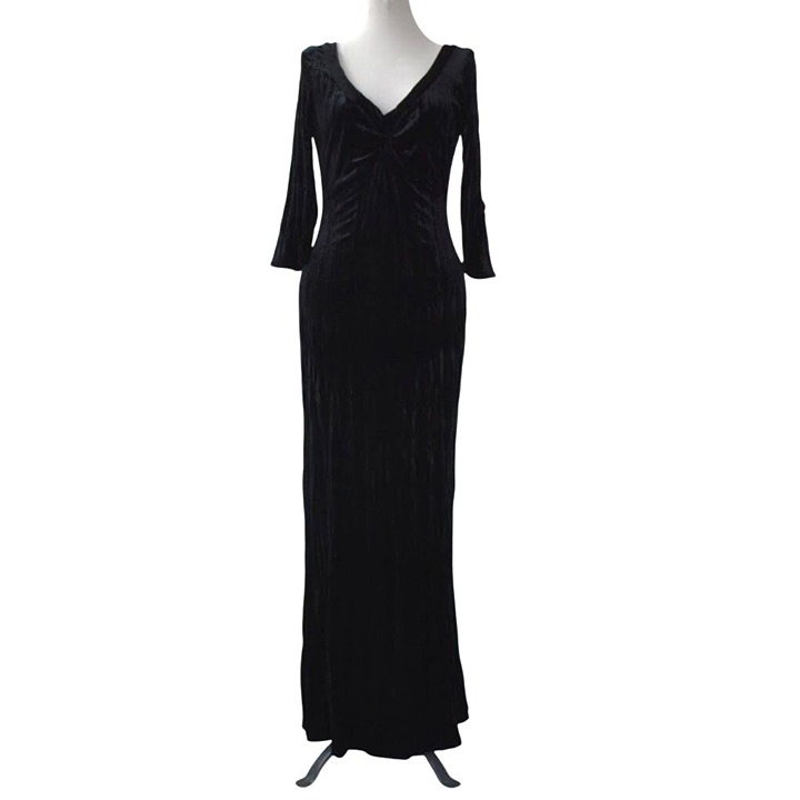 Bruno Duluc Black Velvet Gown Large Train 3/4 Sleeves V Neck Style 5300-5