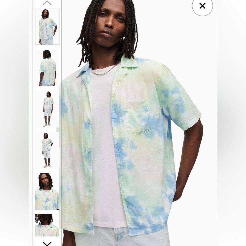 NWOT AllSaints Pillar Short Sleeve Shirt Green And Blue Medium Relaxed Fit