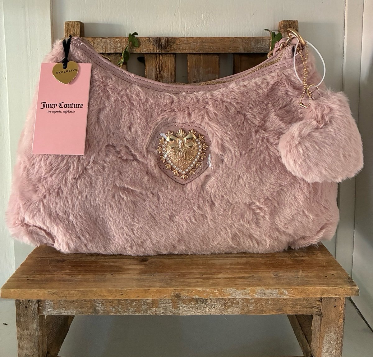 Juicy Couture Love Furry Friends Dusty Blush Hobo NEW