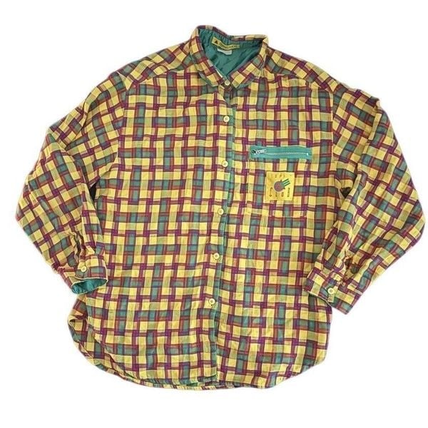 Vintage ESPRIT 90s 80s Yellow Green Red Plaid Button Down / Up Shirt Top Blouse