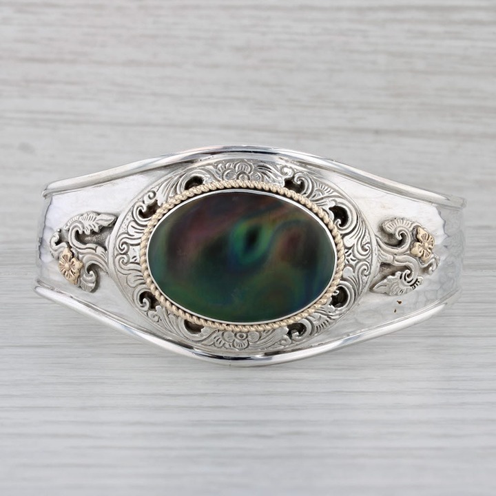 Ornate Floral Abalone Shell Cuff Bracelet Sterling Silver 14k Gold Statement