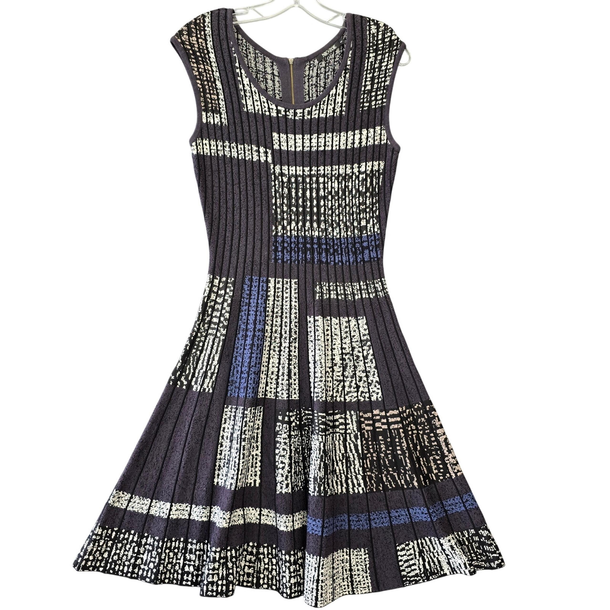 Nic+Zoe Blue Gray Midi Dress Sleeveless Scoop Neck Geometric Knit Women's Size S
