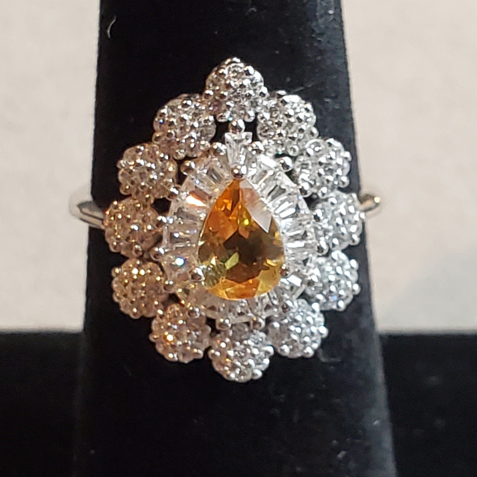 14k White Gold Sterling Silver 7x5mm Yellow Citrine Cz Gemstone Ring 6.5