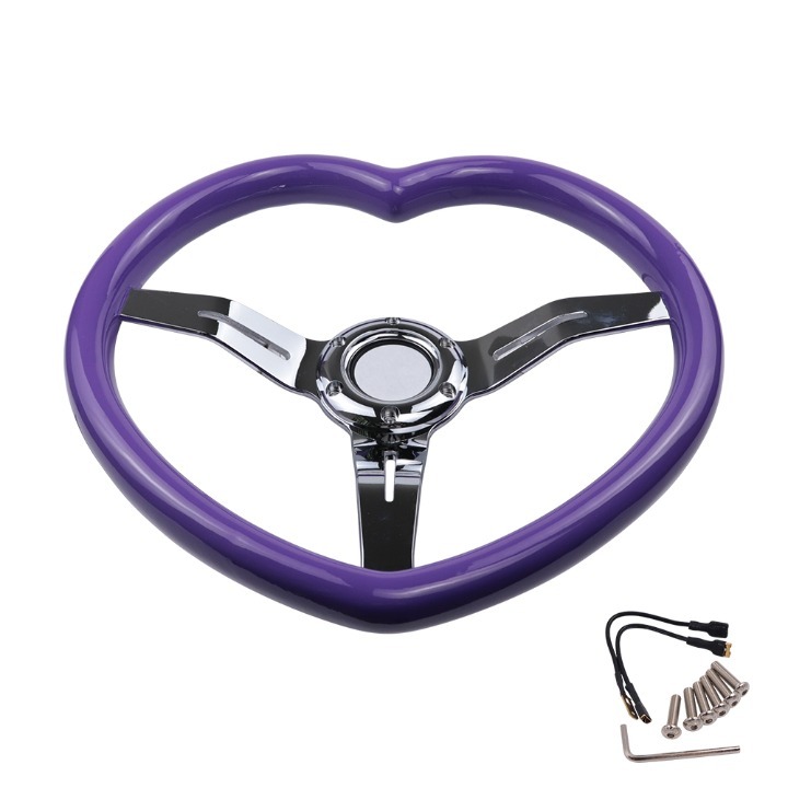 BRAND NEW 340MM Universal Heart Shaped Purple ABS Steering Wheel Chrome Spoke