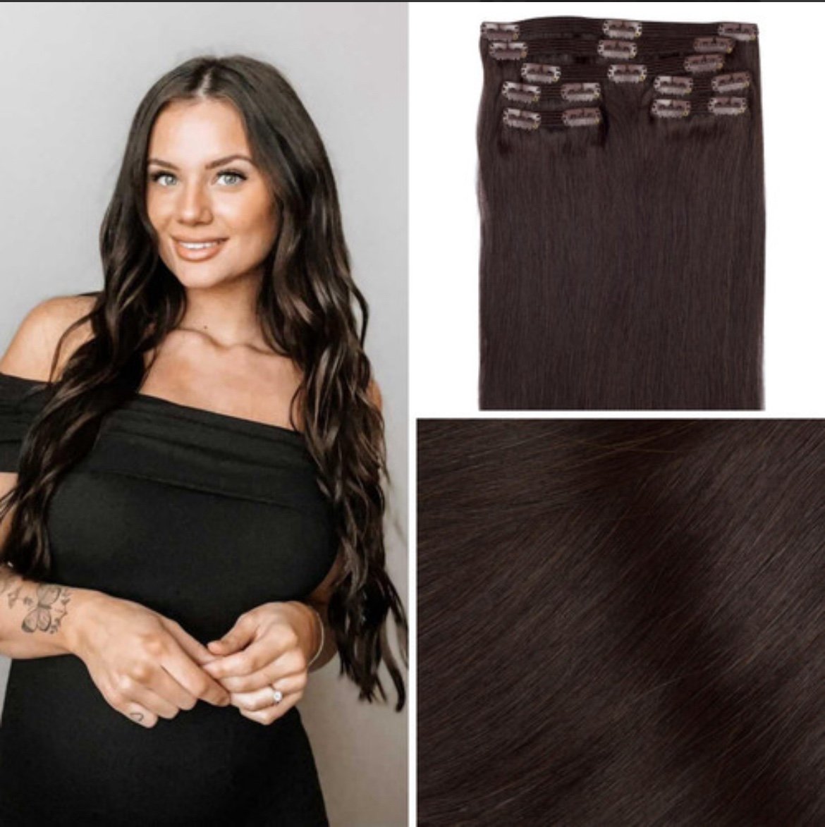 DARK BROWN Clip In Hair Extensions Maximum volume with minimal clips on a stitch