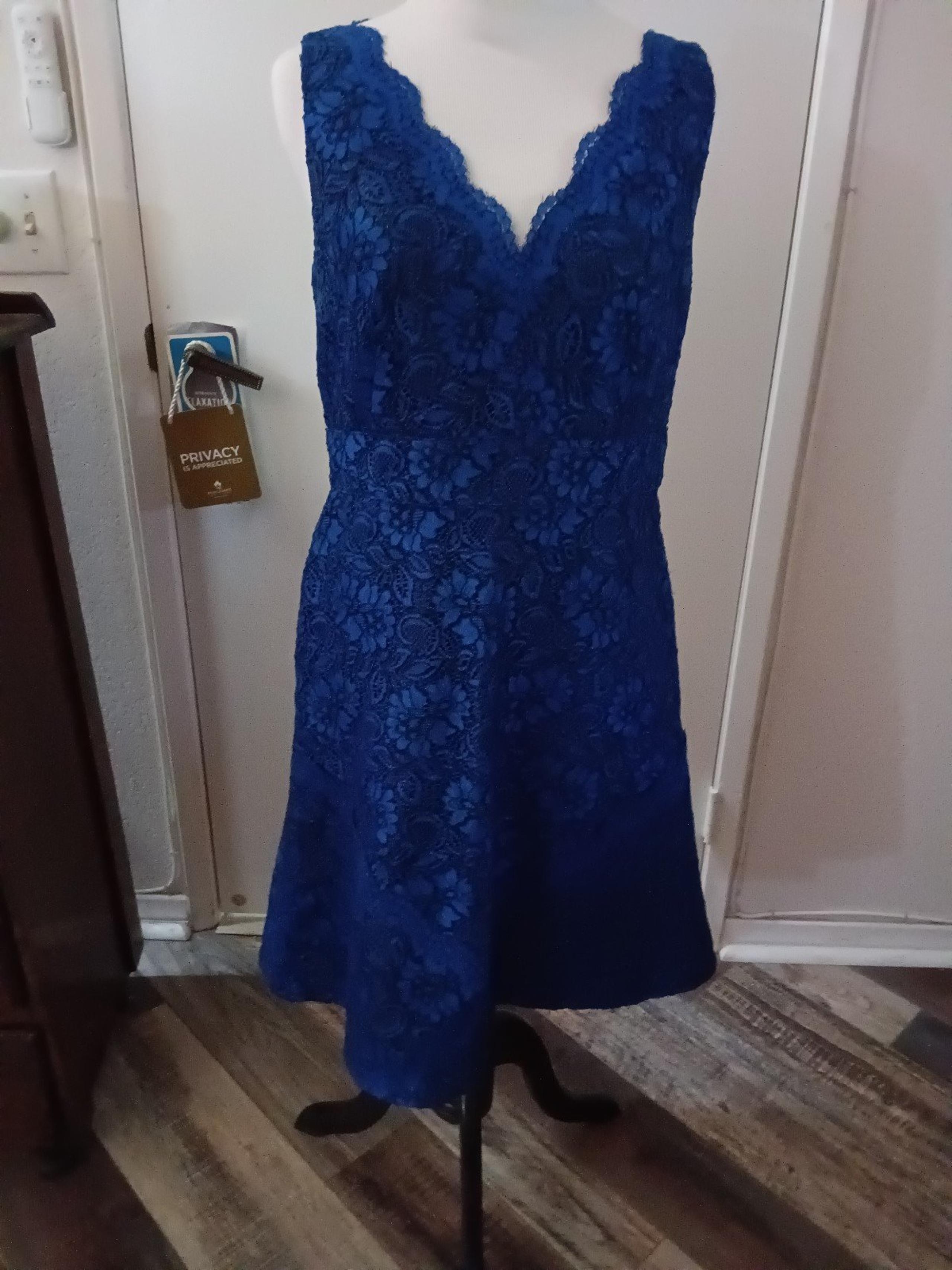 Blue lacy dress women's size 8P sleeveless v neck Calvin Klein zip back fitted