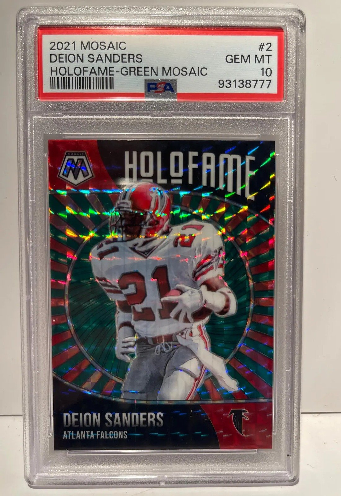 Deion Sanders 2021 Panini Mosaic Holofame Green Prizm #2 Falcons - Graded