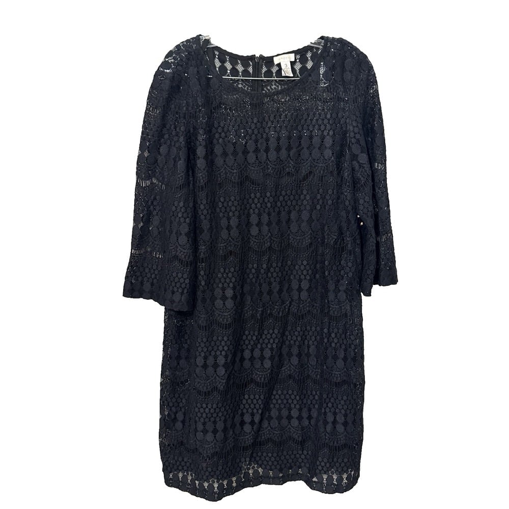Chico's 3 Dress Womens XL-16 Black Crochet Lace 3/4 Sleeve Lined Eyelet Shift