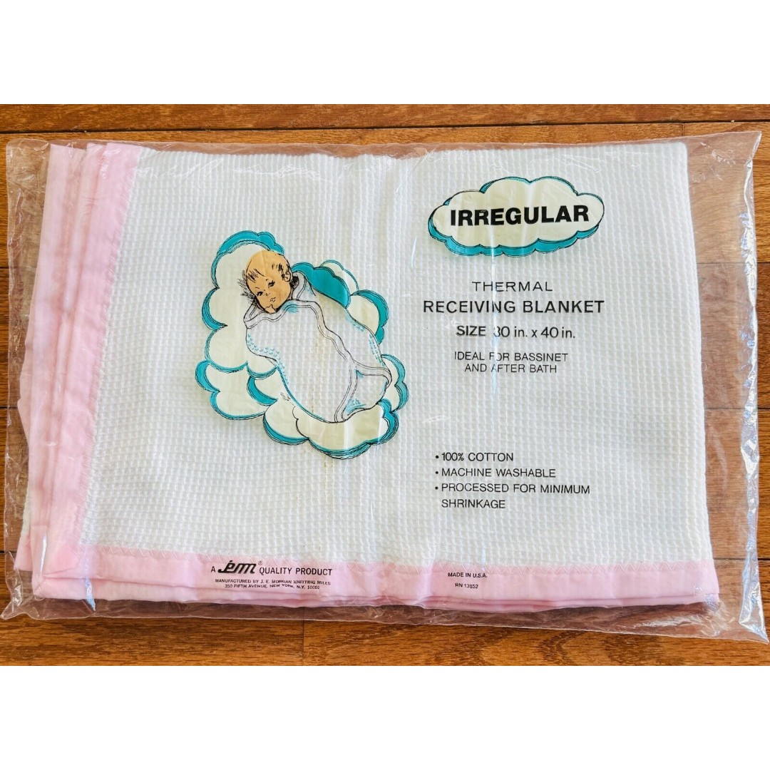 Vintage JE Morgan White Cotton Thermal Waffle Knit Receiving Blanket 30 x40 NEW
