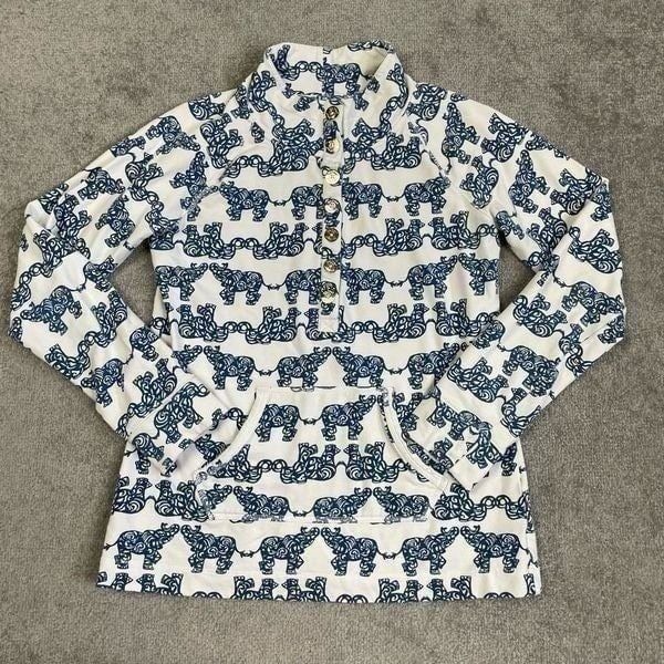 Lilly Pulitzer All Over Elephant Print Gold Button Pullover Sweatshirt Size S