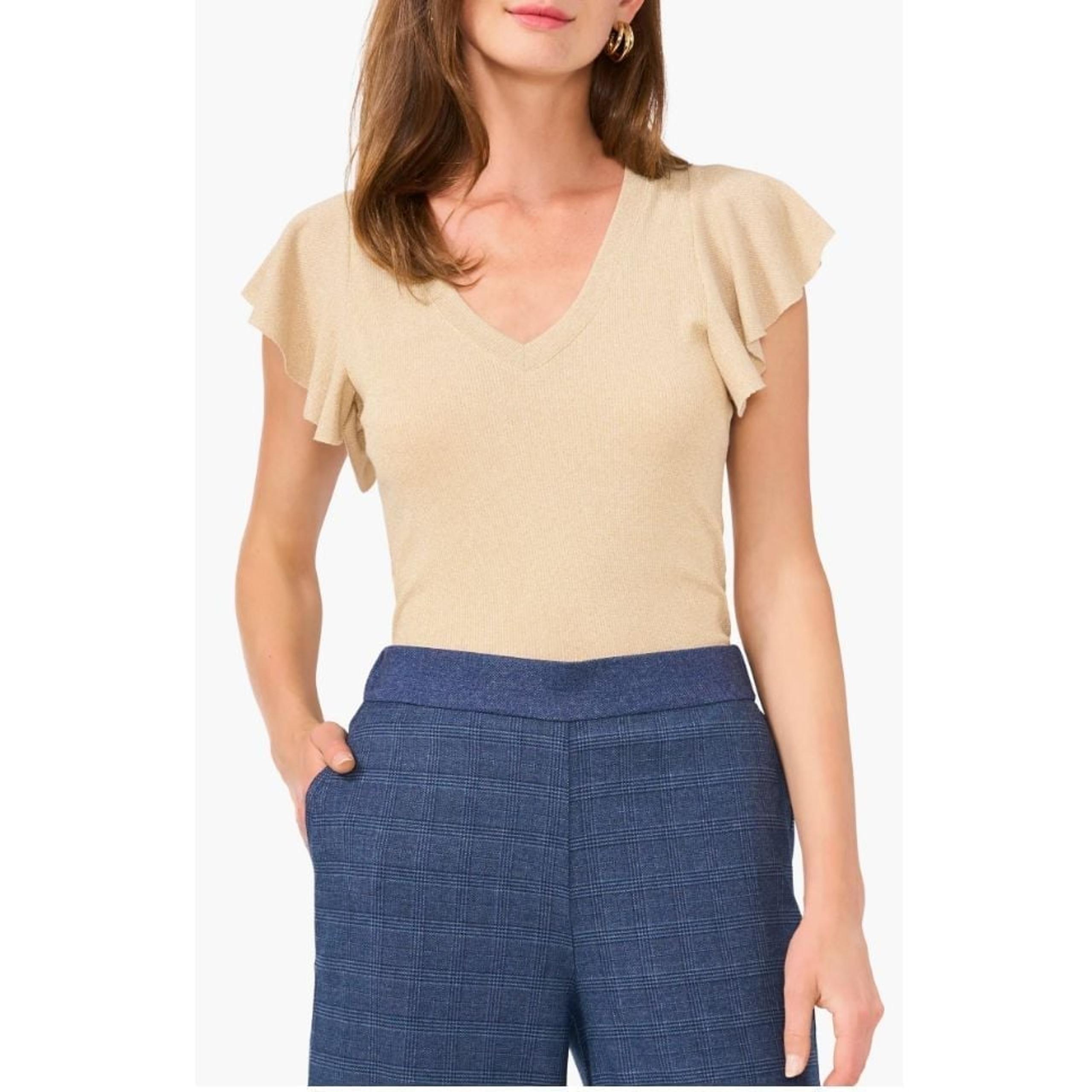 VINCE CAMUTO Top Womens Size L Gold Metallic Knit Flutter Sleeve V-Neck NWT