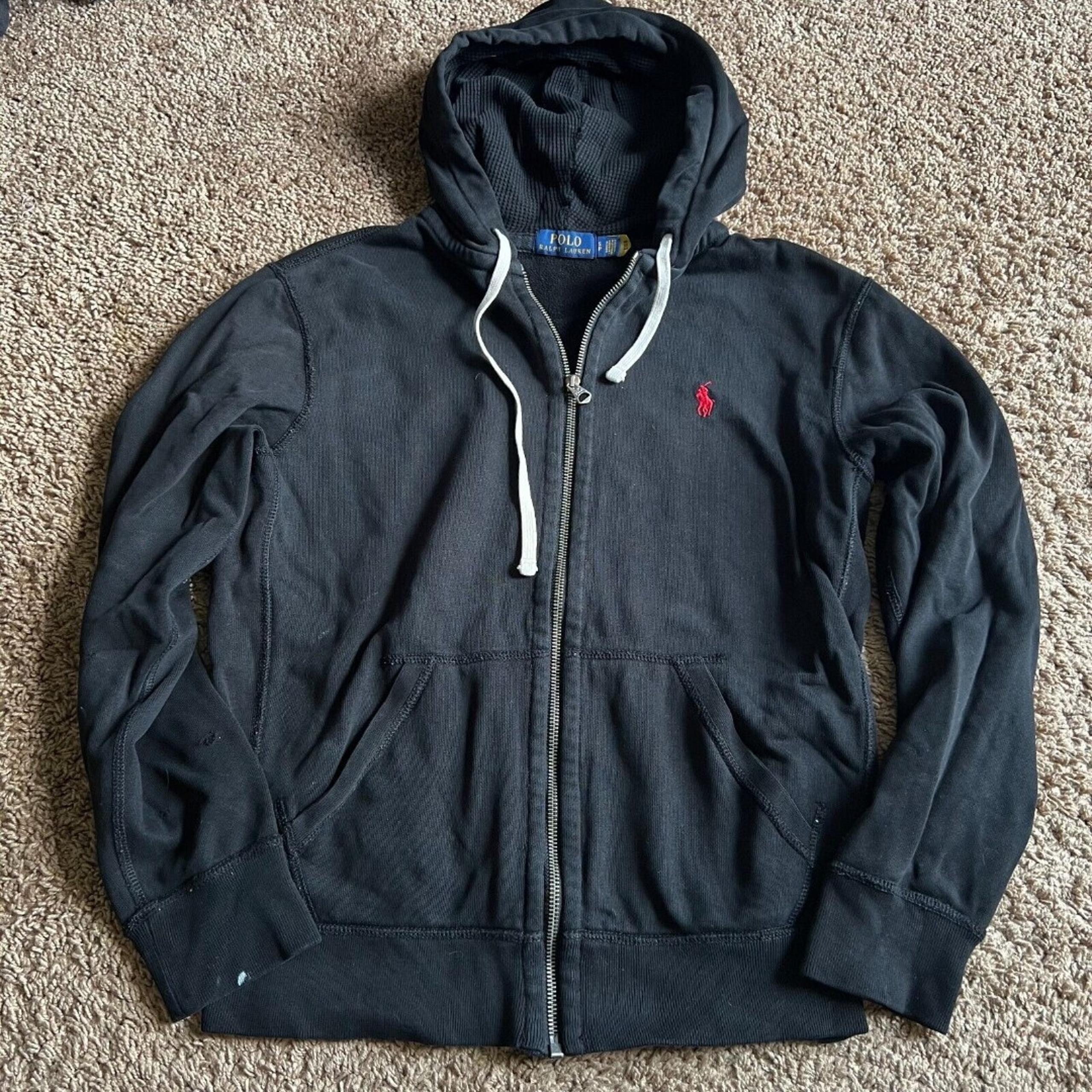 Men's Ralph Lauren Polo Black Zip Up Jacket Hooded Size Small Waffle Knit Hood
