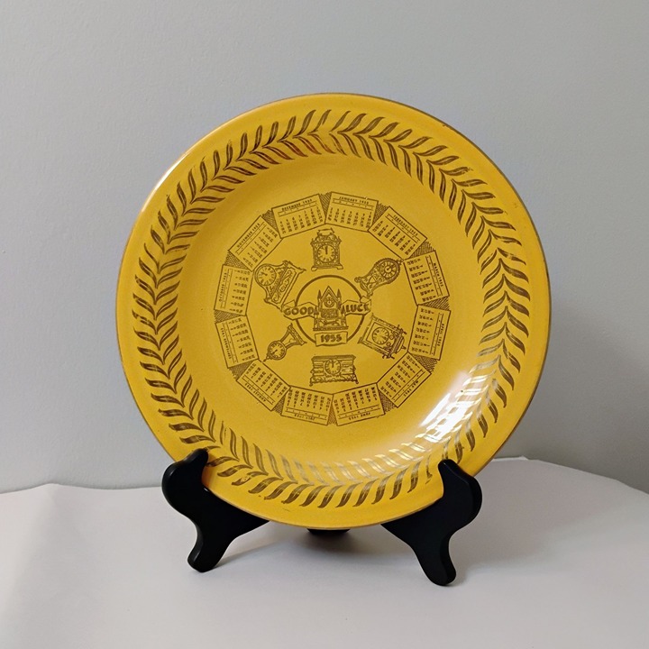 Yellow Fiestaware Fiesta 1955 Calendar Plate, Vintage Ceramic Gold Good Luck 10