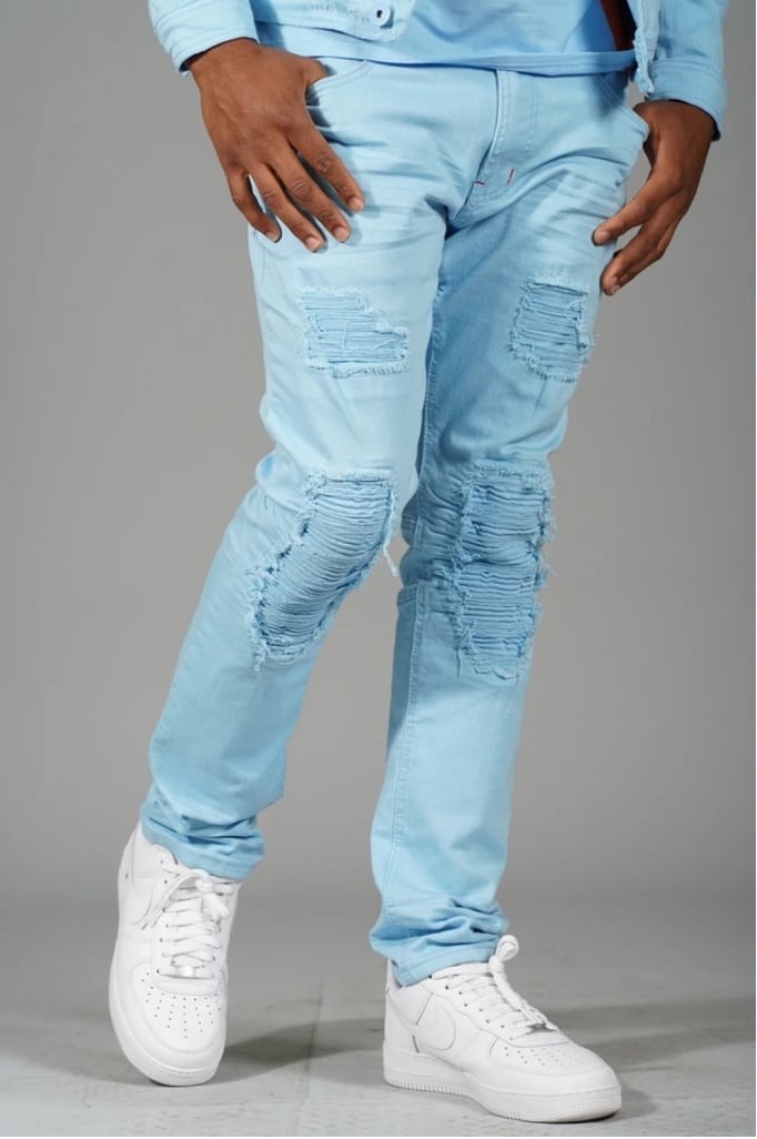 Makobi Denim Blue Distressed Jeans Size 40x32 Moto Biker Japan Slim Fit Cotton