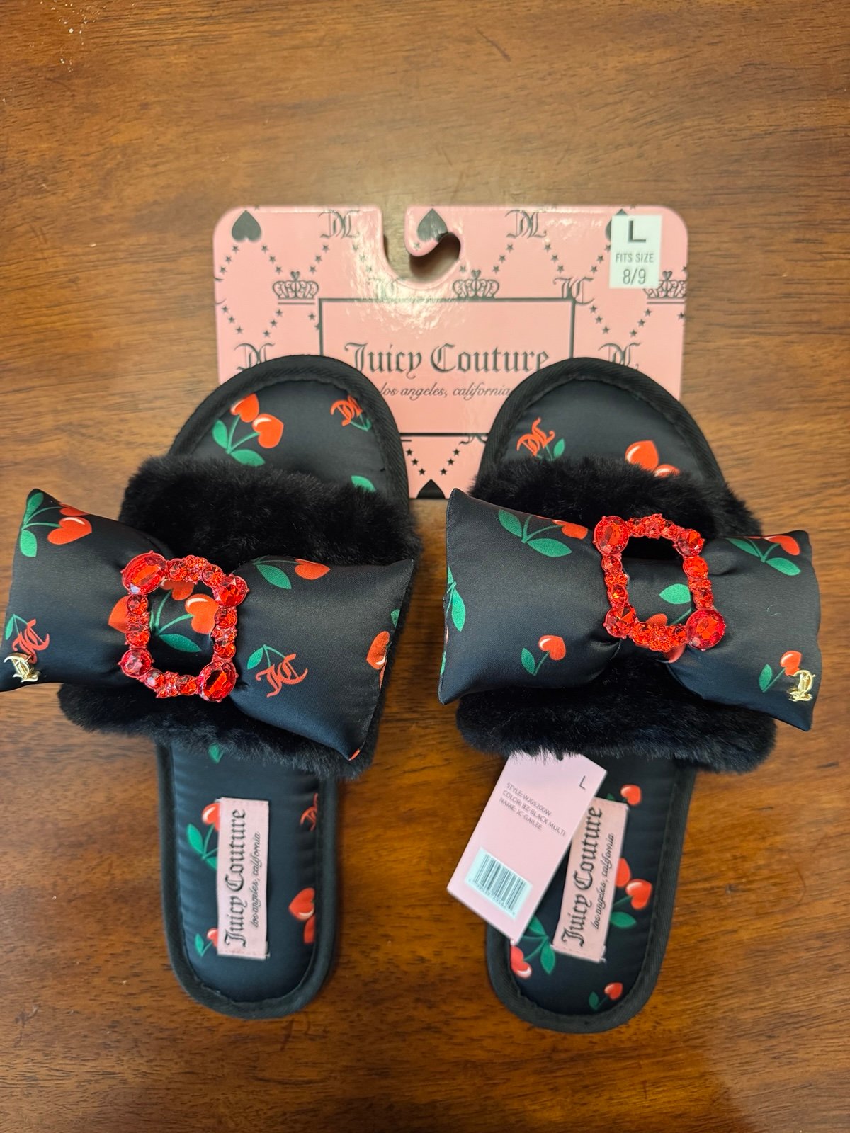 NWT Juicy Couture JC Gailee Black Red Cherry Slippers Slides Size L (8-9)