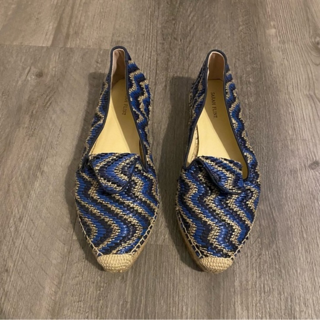 Sarah Flint Andrea Espadrille Loafers Flats Navy Raffia Linen EU 38 US 8