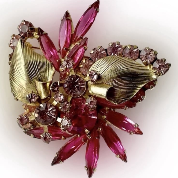 Vintage Verified JULIANA D&E Pink Rhinestone Florette Metal Leaf Brooch