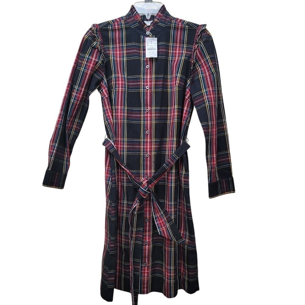 J Crew Womens Plaid Button-Down Shirt Dress Belt Black & Red Tartan Pattern Sz 0