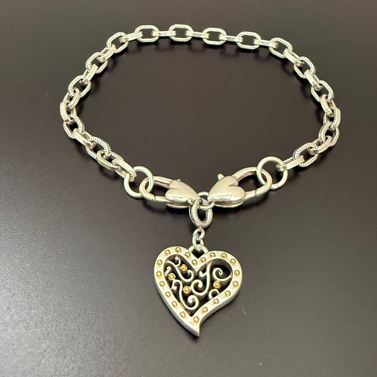 Retired BRIGHTON Gate Of Love Two Tone Heart Scrollwork Charm 8.5” Bracelet 15g.