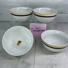 Rachael Ray LITTLE HOOT Autumn Stripe Owl Bands Porcelain Soup Cereal Bowl Set 4