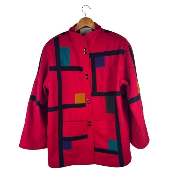International Scene Vintage Red Wool Patchwork Jacket Womens 9 / 10 Artsy Coat