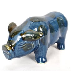 Vintage Chinese Porcelain Animal Figure of a Pig with Blue Monochrome Glaze