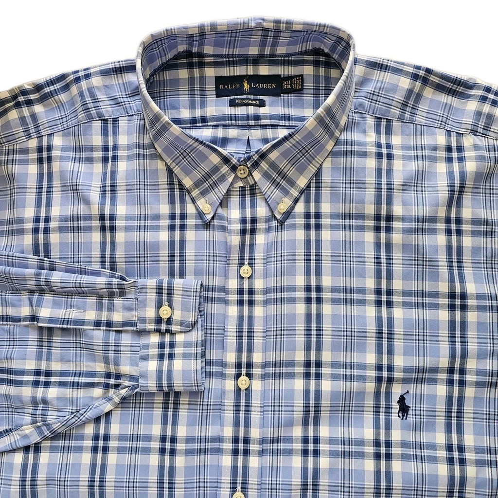 Ralph Lauren 3XLT Blue Long Sleeve Plaid Performance Button Up Shirt Classic